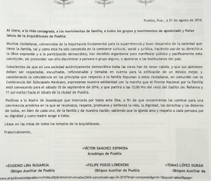 comunicado_arquidiócesis Puebla matrimonio igualitario